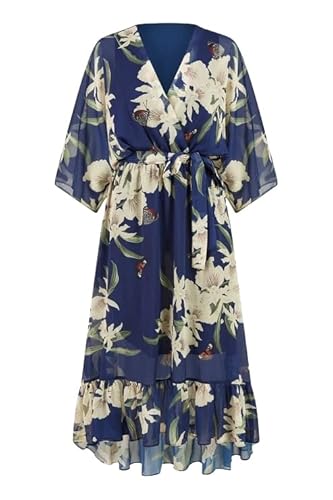 Yumi Navy Floral Kimono Sleeves Dip Hem Wrap Midi Dress (UK, Numeric, 18, Regular, Regular, Navy)