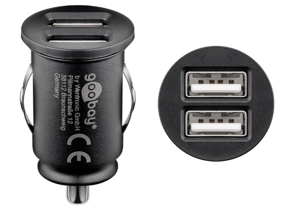 Goobay 58912 Podwójna ładowarka samochodowa USB, 3,1 A, czarna, średnica 25,2 mm, długość 44,4 mm