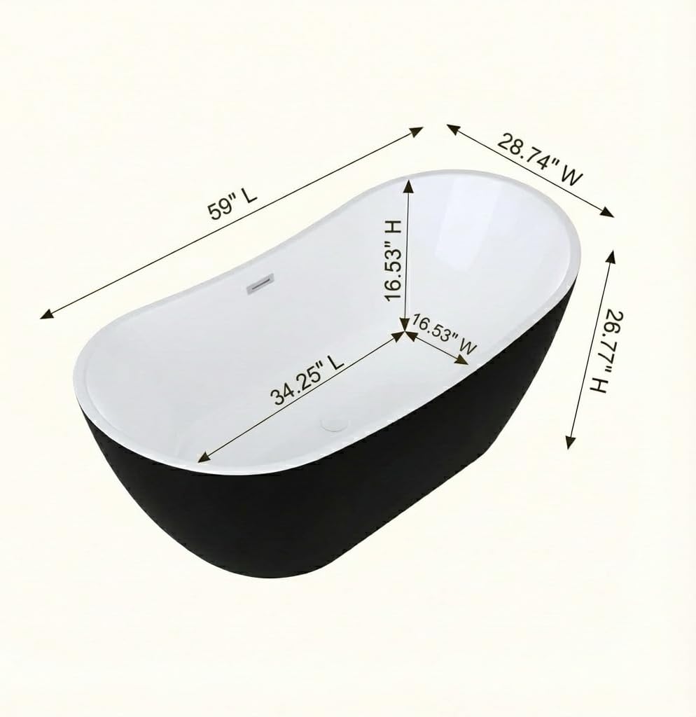 59" Freestanding Acrylic Bathtub, Deep Soaking Tub with Non-Slip Base & Chrome Drain, cUPC Certified, Easy Install, Space-Saving Bathtub, Modern Tub for Bathrooms, Black Ingot - Image 2