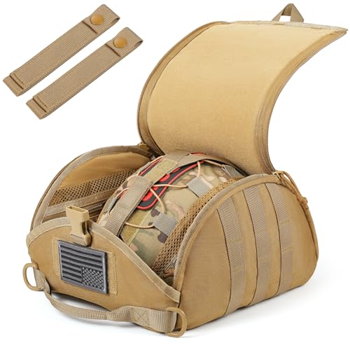 FRTKK Tactical Helmet Bag Pack Military Molle Pouch Multi-Purpose Carrying Storage Bag Include USA Flag Patch and 2 PCS Molle Straps for Sports Hunting Shooting Combat Helmets (Tan)