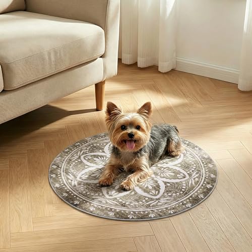 Image of Carvapet 2ft Round Rug Brown Vintage Washable Low Pile Small Rugs