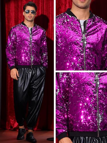 Image of Lars Amadeus Sequin Varsity Jacket for Men's Zipper Party Disco Flip-Sequin Shiny Bomber Jackets