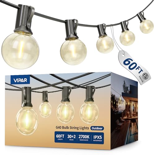 VIPAR Outdoor String Lights 60FT 32 G40 Bulbs Patio Lights Outdoor Waterproof Shatterproof Vintage Connectable LED Outside Hanging Light for Backyard Porch Garden Deck Bistro 2700K Dimmable