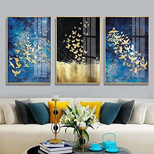 Décoration murale maison triptyque abstrait oiseau d'or 3 toiles 50x70cm