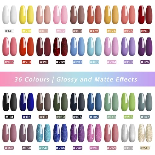 Phoenixy Gel Nail Polish - 36 Colours UV Soak-off Gel Nail Polish Set Nails Polishes with Base and Top Matte Coat Gifts for Women