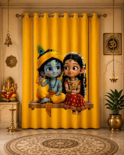 Image of Radha Krishna Digital Print Eyelet Curtain| 9Ft 1pc| Home Temple Decor
