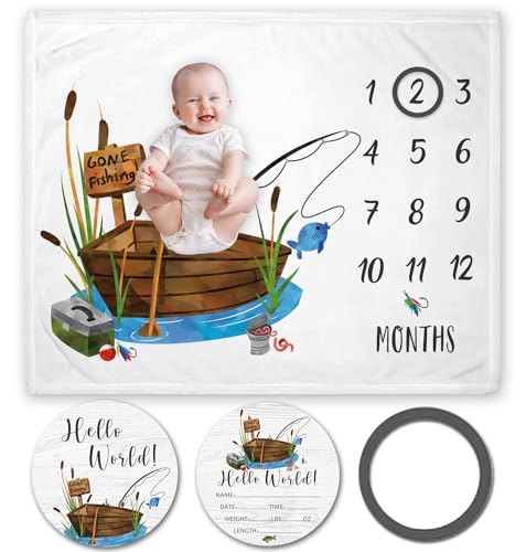 Image of Yuzioey Fishing Baby Milestone Blanket with Birth Stat Sign, Gone Fishing Growth Chart Monthly Blanket, Watch Me Grow Boat Baby Nursery for New Moms Shower(50"x40")