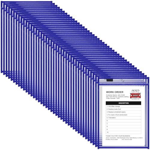 Nezyo Dry Erase Pockets Plastic Job Ticket Holders Shop Holder Order Pockets Clear Sleeves Tickets Folders Plastic Sleeves Paper Teacher Supplies for Classroom(12 x 9.5 in,Blue,50 Pcs)