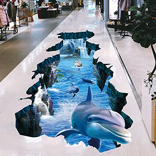 3D Broken Blue Dolphin Ocean World Wall Stickers, Dilibra Lifelike Ice Age And Under The Sea Tropical Fish Wall Decal, Peel And Stick Underwater Wall Decor For Floor Kids Boys Bedroom #TOP5