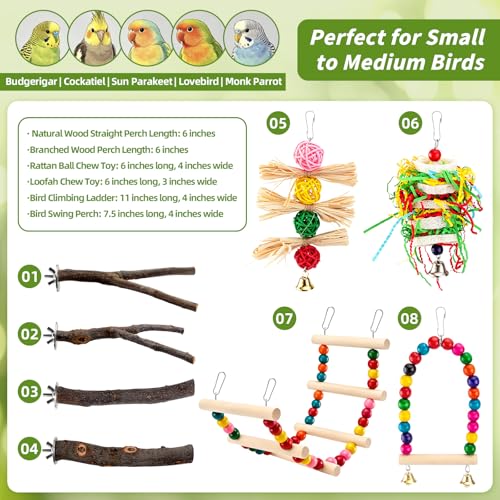 Image of 8 PCS Bird Toys & Perches Set - Natural Apple Wood & Hardwood Branches, Birch Ladder Swing, Foraging Shredding Chewing Toys for Parakeets, Cockatiels, Small Medium Bird Cage Accessories