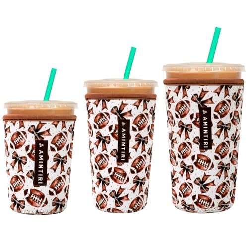 Image of 3 Pack Reusable Sleeve for Iced Coffee Cup, Coffee Neoprene Sleeve for Iced&Hot Drinks, Coffee Sleeve Compatible with Starbucks, Dunkin Coffee Cup. (Bow&Football)