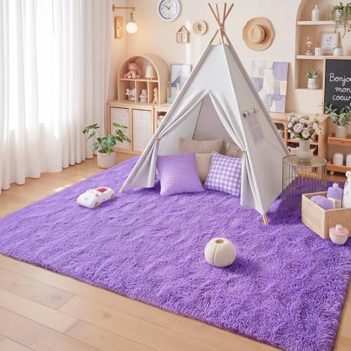 junovo Purple Washable Area Rug for Boys Bedroom Living Room, 4x5.3 Soft Non-Slip Fluffy Rugs, Shag Plush Memory Foam Carpet for Kids Room Baby Nursery Home Decor