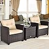 Tangkula 3 Pieces Patio Furniture Set, PE Rattan Wicker 3 Pcs Outdoor Sofa Set w/Washable Cushion and Tempered Glass Tabletop, Conversation Furniture for Garden Poolside Balcony (Beige) #2