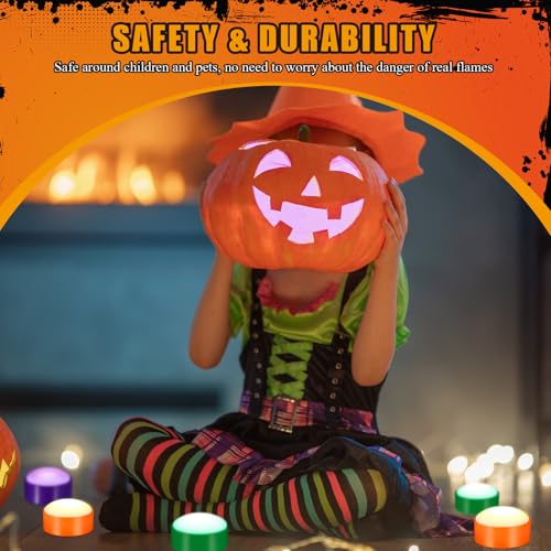 Image of Riakrum 6 Pieces Halloween Remote Timer LED Lights with Remote Summer Halloween LED Pumpkin Lights Battery Operated Lantern Bright Flameless Candle(Green, Orange, Purple)