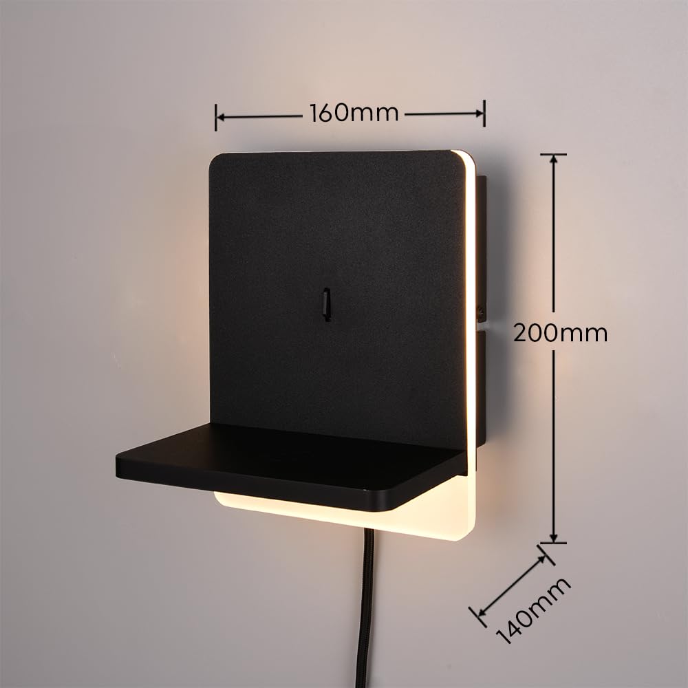 Trio Leuchten LED Wandleuchte Fairfield 248670132, Metall Schwarz matt, 9 Watt LED, induktives Ladefeld, USB Ladebuchse, dimmbar