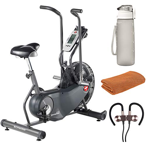 Schwinn 100250 AD6 Airdyne Upright Exercise Bike Bundle with Deco Essentials 32 oz Leakproof BPA Free Water Bottle, Workout Sport Towel and Deco Gear Wireless Sport Earbuds
