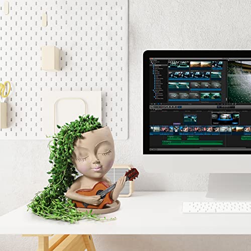 Wizgsz Face Planters Pots Head Planter For Indoor Outdoor Plants Cute Lady Play The Guitar, Succulent Planter With Drainage Hole Face Flower Pots (Khaki) #TOP2