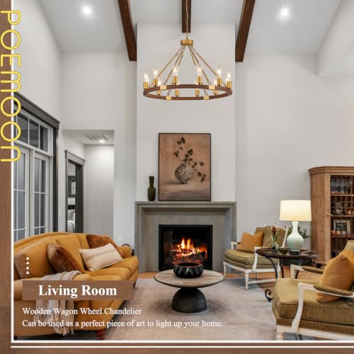 Image of Gold Wooden Wagon Wheel Chandelier 12-Light 31.5 inch Light Fixture