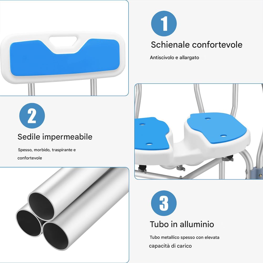 BAKAJI Sgabello da Doccia con Schienale e Braccioli, Struttura Alluminio e Seduta Ergonomica in HDPE, Sedile da Bagno per Anziani, Disabili e Persone con Mobilità Ridotta, Regolabile Altezza 83-93 cm