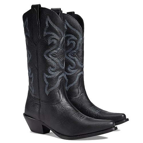 Image of LEHOOR Cowboy Boots Women Embroidered Mid Calf Western Boots Stacked Low Heel Pointed Toe Pull On Cowgirl Boot 4-11 M US
