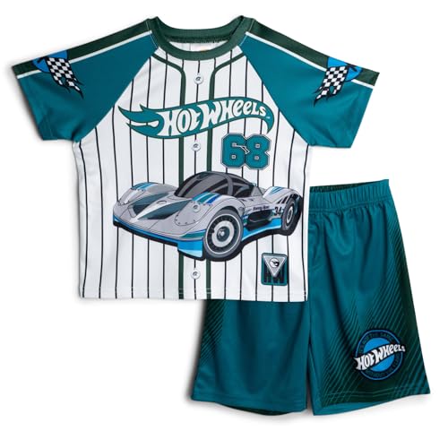 Hot Wheels Little Boys Mesh Baseball Jersey Athletic T-Shirt and Shorts Outfit Set Tropical Teal Green 5 - image 1