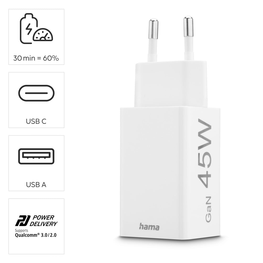 Hama Ładowarka sieciowa mini 45 W, 1x USB typ C, 1x USB A (mała, lekka, adapter ładowania, Power delivery, Quick Charge, wydajna, szybka) biała