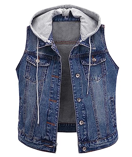 HaoMay Women's Casual Distressed Denim Vest Waistcoat with Removable Hood