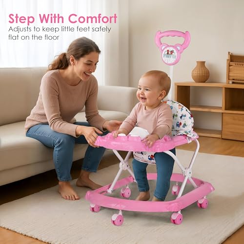 Image of BabyGo Tintin Baby Walker for 6-24 Months, Baby Walker with Push Handle & Activity Tray - Foldable Adjustable Height Infant Walker with Wheels, Music,Toy Bar and Comfotable Seat (Pink)
