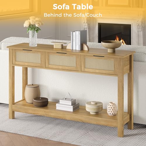 Image of Luoxiao Console Table Narrow Wood Rattan Hallway Table with 3 Drawers Entrance Table with Open Shelf Narrow Sofa Table for Living Room Boho Console Table for Hallway Foyer Entrance 120 x 30 x 80 cm