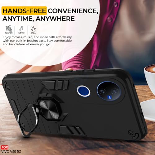 Image of AESTMO Vivo V50 5G / V50e 5G / Vivo T4R / iQOO Z10R 5G Back Case Cover | Tough Armor Bumper | Ring Holder & Kickstand in-Built | 360 Degree Protection Cover (Black)