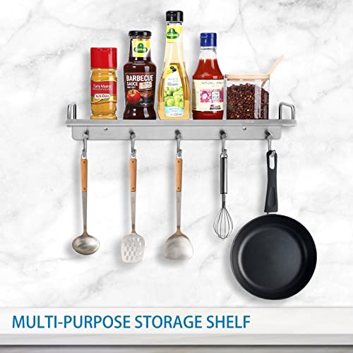 Spices Holder 16 Inch 5 Hooks, Kitchen Cookware Organizer Hanger, Pots Pans Hanging Rack, 304 Stainless Steel Wall Mount Organization Shelf For Restaurant, Jars Bottles Dish Utensils Storage Platform #TOP2