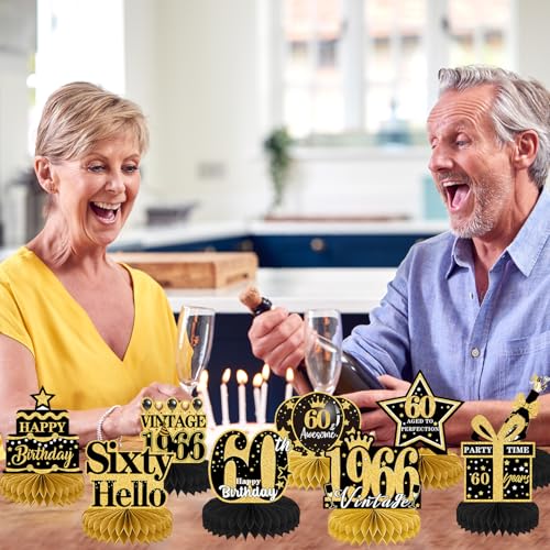 Image of 60th Birthday Party Decorations - 9PCS Vintage 60th Birthday Table Decorations for Men Women Black Gold Table Honeycomb Centerpiece Decorations Supplies for Sixty Year Old Birthday Party