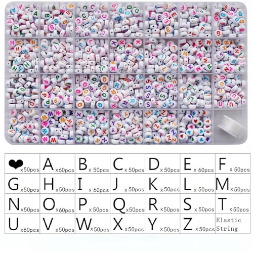 Amaney 1400 Pieces 4x7mm Alphabet Beads White Round Acrylic Colorful Letter Beads A-Z Heart Pattern Beads and Crystal Line for Jewelry Making Bracelets Necklaces Key Chains (Colorful Heart)