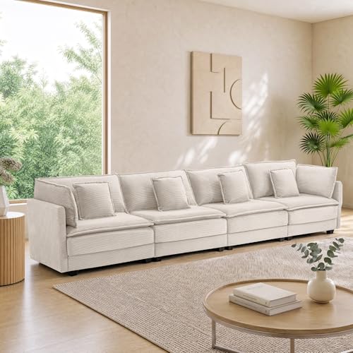 Image of Corduroy Sectional Couch, 4 Seater 149.2 inch Cloud Couch, Modular Deep Seat Sofa with Pillows for Living Room, Apartment, Beige