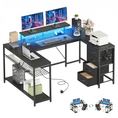 YITAHOME Gaming Tisch mit Steckdosen & LED-Lichter, Computer Schreibtisch mit Schubladen & Stauraum, Reversibler Eckschreibtisch mit Regalen, Computertisch für Home Office, 158 x 100 cm, Schwarz