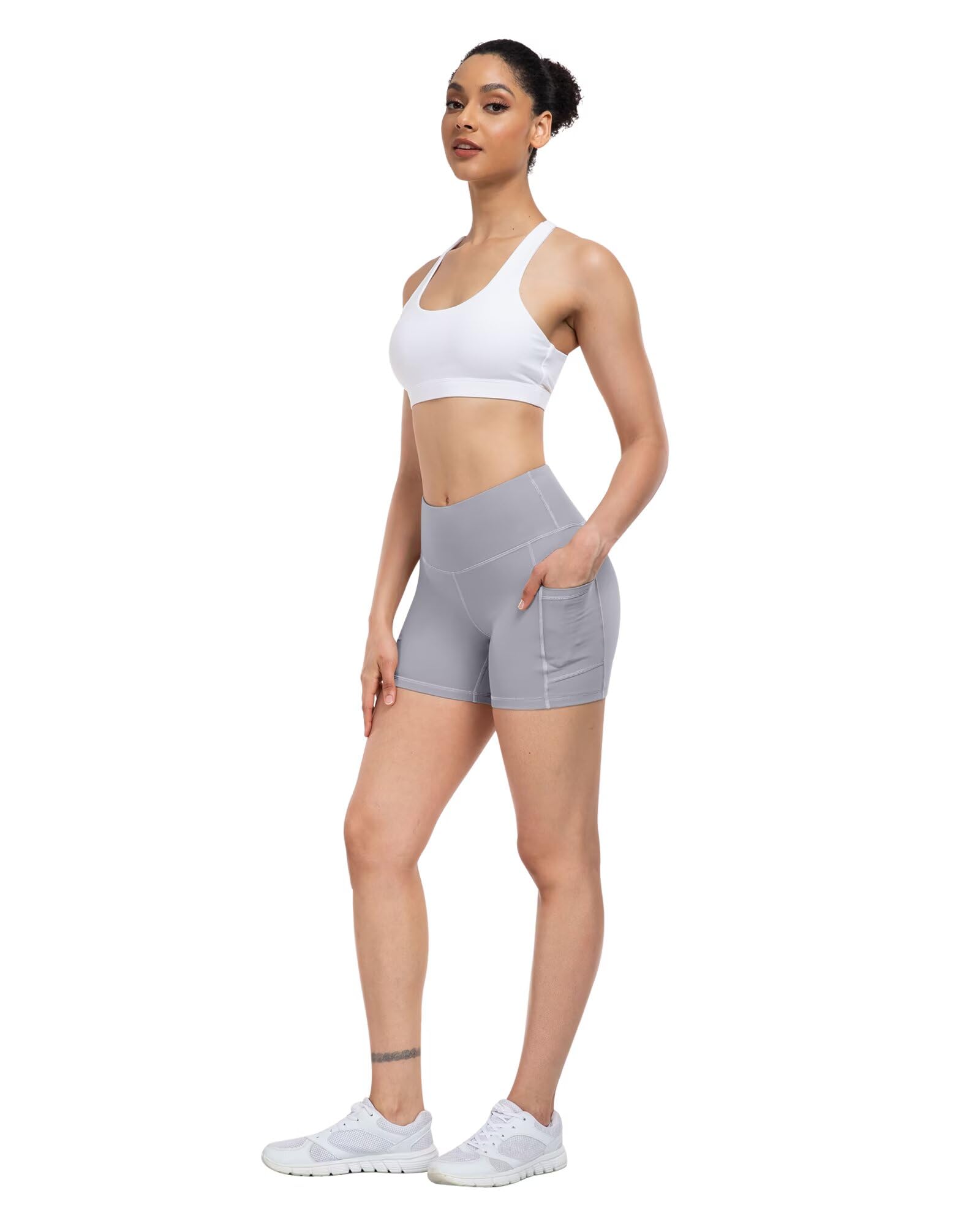 ATHVOTAR Lot de 4 shorts de yoga en élasthanne avec poches pour femme 7,6 cm/12,7 cm/20,3 cm, short de motard gainant le ventre, 2 noir/gris/gris clair, Taille L