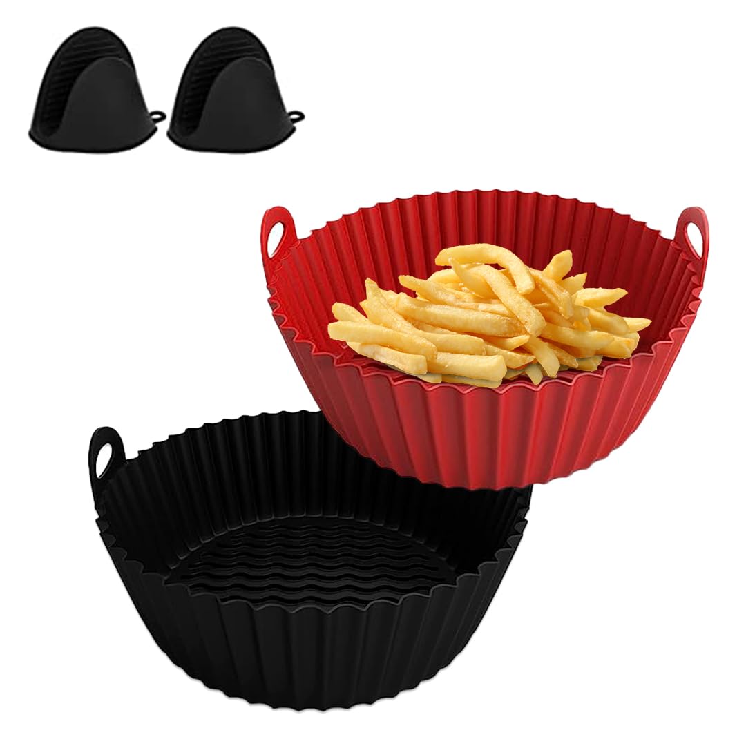 Photo 1 of 2 Pcs Air Fryer Silicone Liners Pot for 4 to 7 QT - 8 Inch Reusable Air Fryer Liners with 1 Pack of Black Silicone Mitt - Replacement of Flammable Parchment Liner Paper (Black & Red)