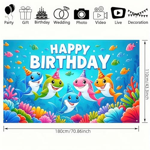 Image of HOMETITUTE Shark Birthday Party Decorations Ocean World Shark Family Happy Birthday Banner Ocean Decorations 71x43 Inch Underwater Coral Reef Party Backdrop Tropical Fish and Sea Life Decorations