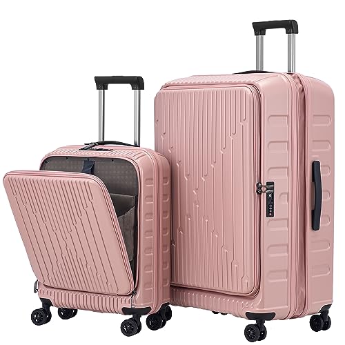 Image of Kaleenie 2 Pieces 19 /29 Luggage Sets, 19 Inch Carry On Luggage with Front Pocket & 29 Inch Side Opening Suitcase, Ligthweight ABS+PC Hardshell, Pink