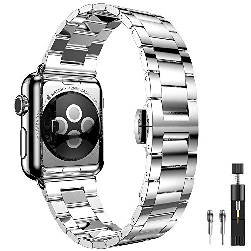 Band Replacement for Apple Watch Series 4 3 2 1, PUGO TOP Ultra Fine en Acier Inoxydable Slim Fit Bracelet pour Apple Watch Series1/Series 2-42mm,argent