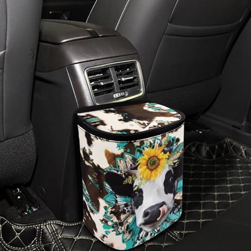 Image of Cow Print Car Trash Can Bin with Lid,Leak Proof Portable Small Garbage Bag Waste Rubbish Storage Bin for Back Seat Road Trip Travel,Aztec Cow Car Accessory for Women
