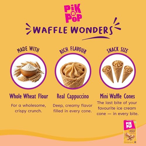 Image of Pik n Pop Cappuccino Mini Waffle Cones 70g (Pack of 2), Crispy Cones with Creamy Cappuccino Filling, Whole Wheat, Non-Meltable Ready-to-Eat Snack, 100% Eggless