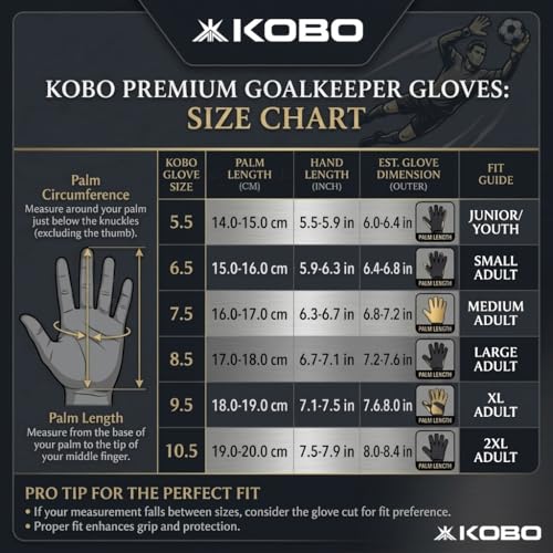 Image of Kobo GKG-42 Professional Football Soccer Goalkeeper Gloves with Finger Protection for Men, Boys & Kids with 4mm Taiwan Latex Palm (8.5)