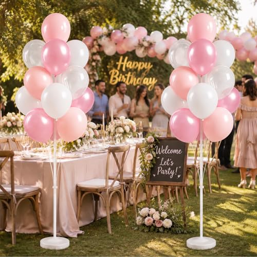 Image of Balloon Column Kit for Floor-Balloon Columns with Stand,Clear Pastel Pearl Pink Balloon Base&Pole Tower Backdrop Decoration for Wedding,Bridal Baby Shower,Birthday Party,Bachelorette