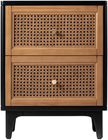 COZAYH Fully-Assembled 2-Drawer Woven Cane Front Accent Nightstand with Brass Knobs for Living Room, Bedroom, Black