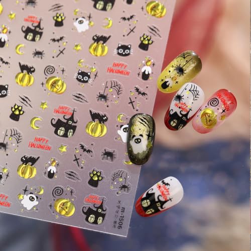Image of 5D Embossed Halloween Nail Stickers Pumpkin Nail Decals Ghost Cat Nail Art | Cute Design Nail Decals for Nail Art Self-Adhesive nail charms for Women Holiday Manicure DIY Decoration Accessories 1 Sheets