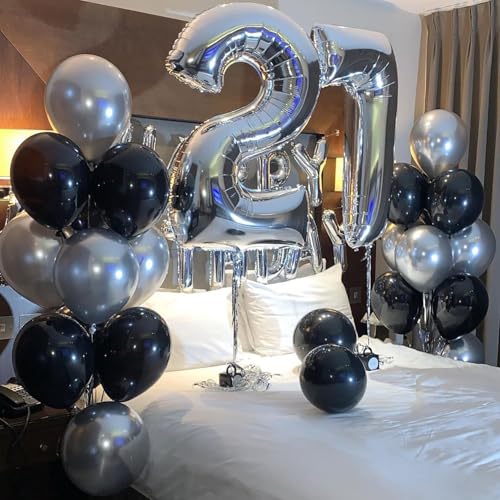 Image of Black and Silver Balloons Set, 65 Pcs 12 Inch Latex Balloons with Ribbon | Thick Durable ,Easy to Inflate,Metallic Silver and Black Balloons for Birthday Wedding Anniversary Halloween bachelor party