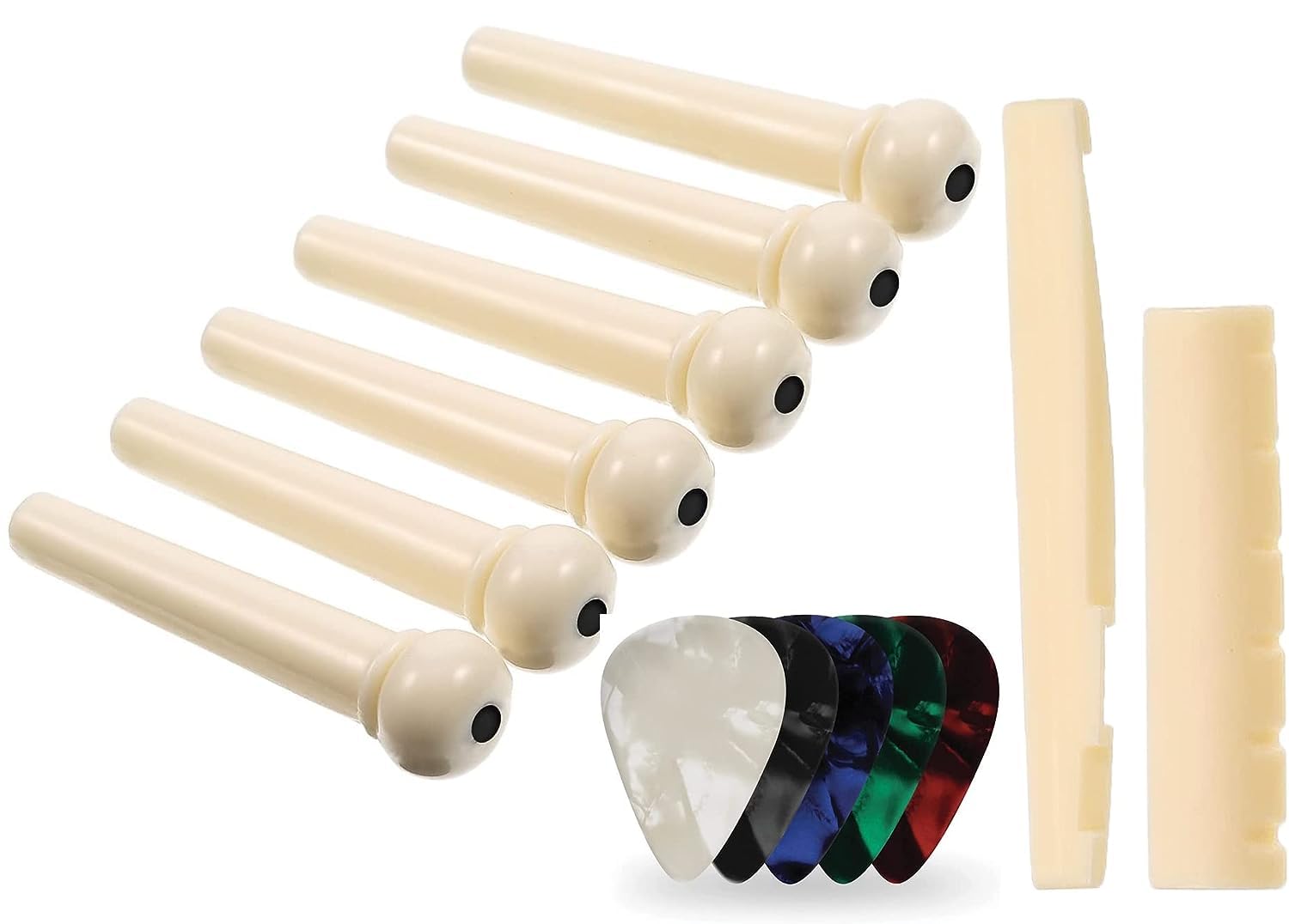 IMAGINEA Acoustic Guitar Bridge Saddle Nut with 6pcs Guitar Bridge Pins for 6-String Style Guitar Parts Accessories Replacement Tools Kits (White)