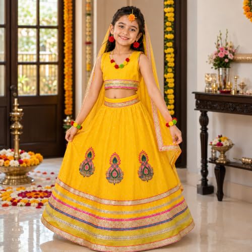 Image of Sarvda Krishna & Radha Dress for Kids - Complete Janmashtami Costume Sets with Dhoti /Lehenga, Mukut, Mor Pankh, Bansuri & Accessories | Fancy Dress for Baby Boys & Girls