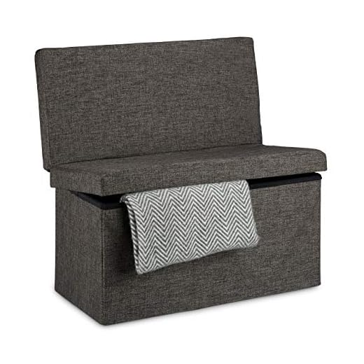 Relaxdays Baúl Almacenamiento, Puff Asiento Almacenaje, Banco Taburete con Respaldo, Lino, 1 Ud, 73 x 76 x 38 cm, Marrón